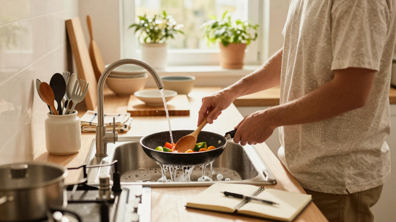 Person rinsing vegetables in a saucepan under running tap water in a bright kitchen.