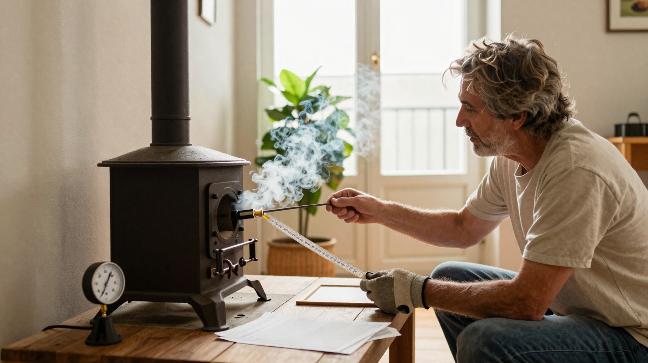 Middle-aged man lighting a wood stove inside a cosy room with natural light and plants nearby.