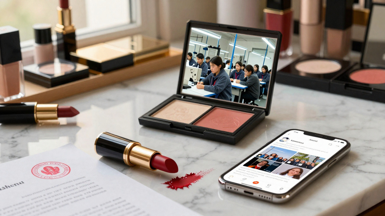 Red lipstick, makeup compact with students reflected, smartphone with social media, and official document on marble table.