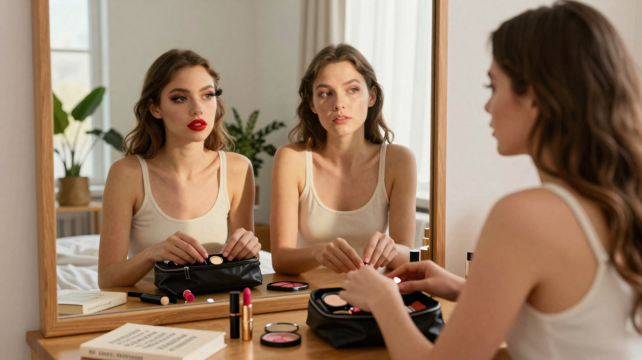 Young woman in beige tank top sitting at a wooden vanity, applying makeup with cosmetics and a mirror.