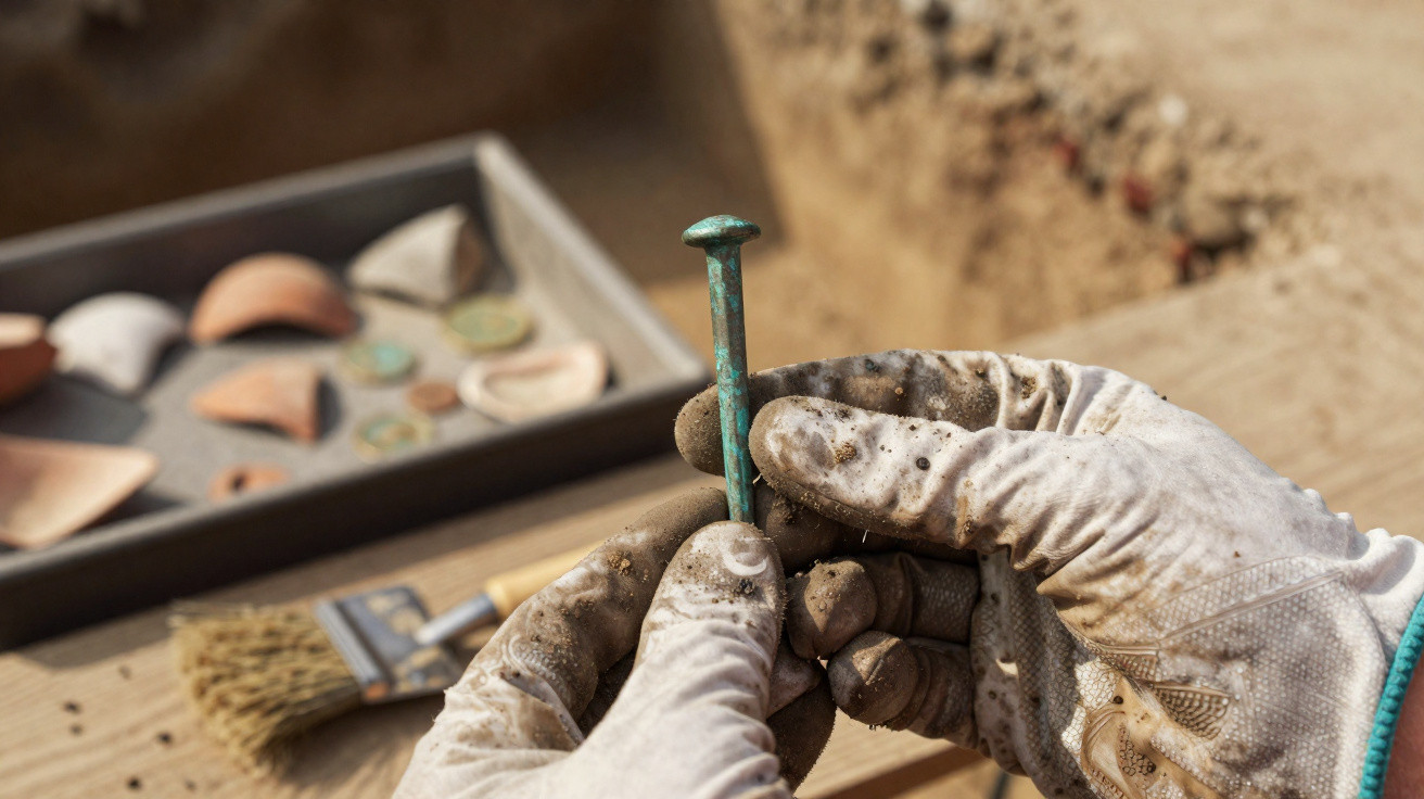 Hands in dirty gloves holding a green corroded nail with pottery shards and brushes in the background