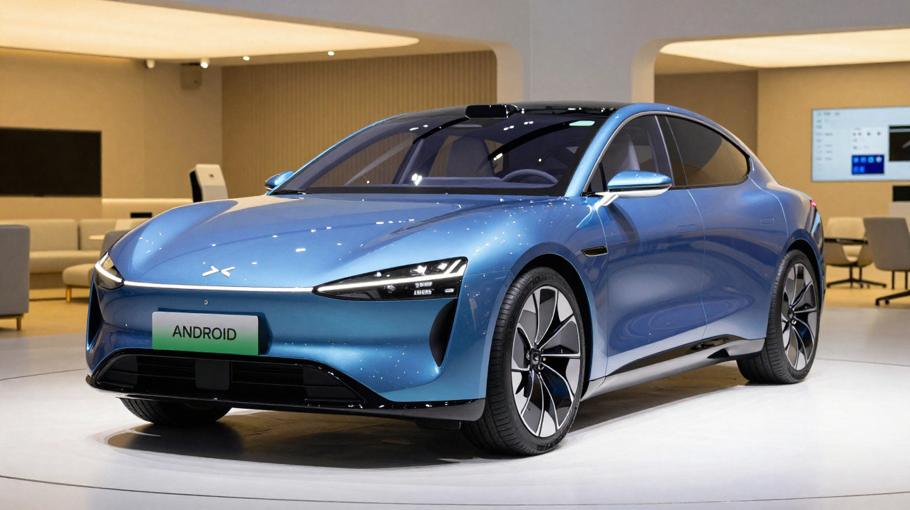 Blue sleek electric car on display in a modern showroom with comfortable seating in the background.