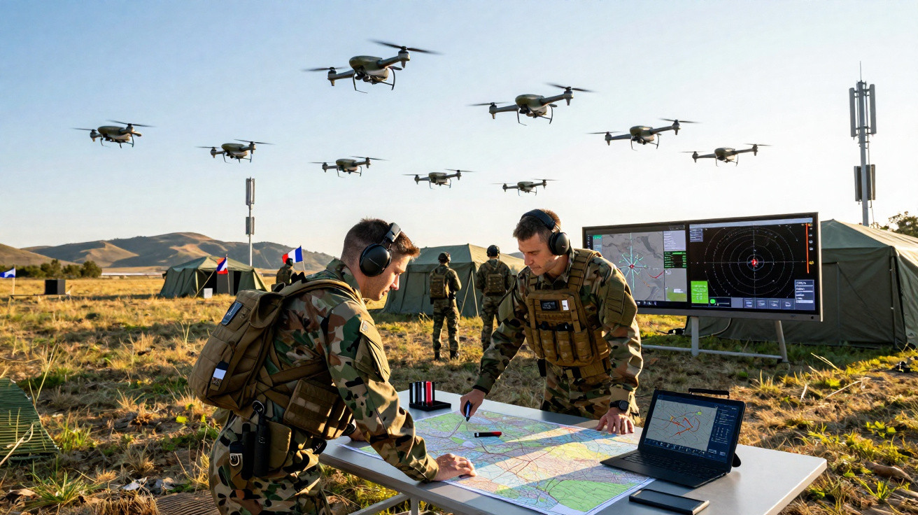 Two soldiers in camouflage gear planning at a map table with drones flying overhead in a field camp.