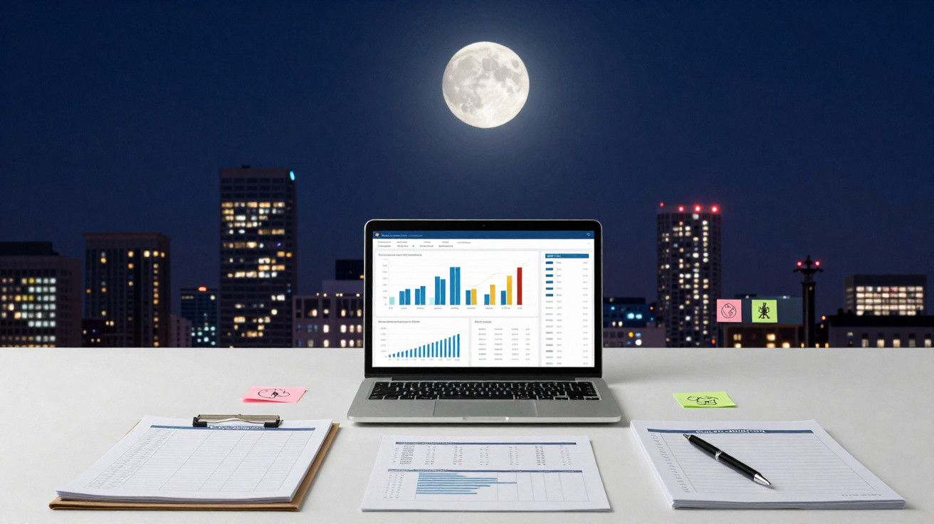 Laptop displaying graphs on a desk with documents and pen, city skyline and full moon in the night sky in the background.