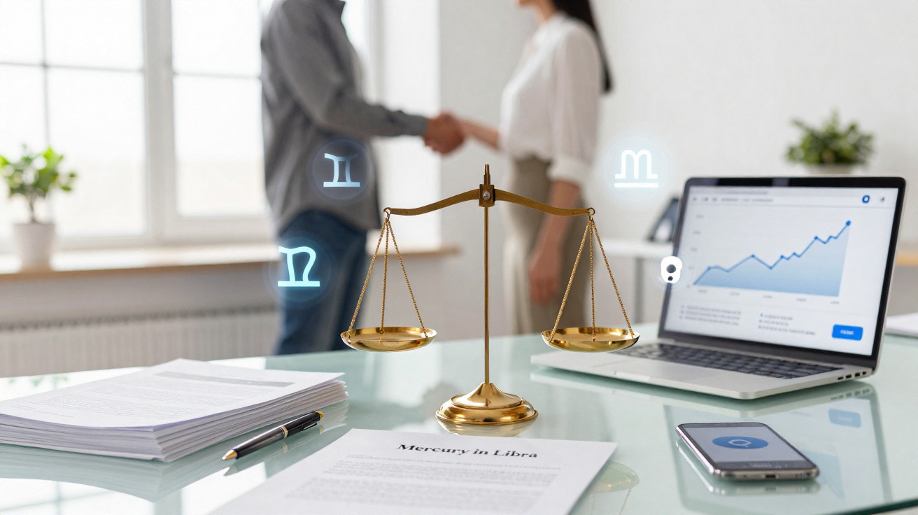 Golden balance scale on desk with documents, laptop showing graph, and two people shaking hands in background
