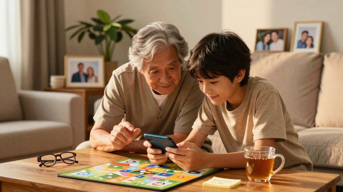 Grandfather and grandson playing a board game together while looking at a smartphone in a cozy living room.