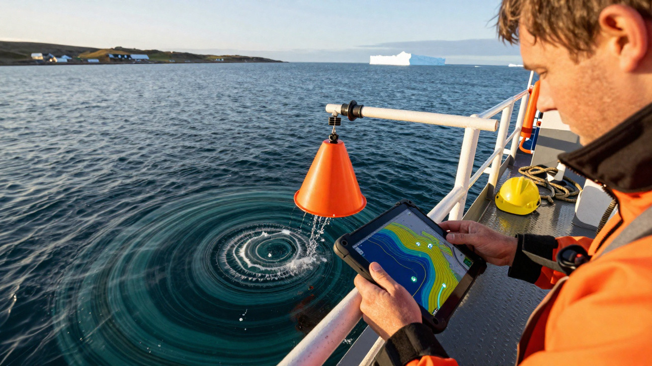 Person on boat using a tablet to monitor water data near an orange sensor cone in a cold ocean with an iceberg nearby.