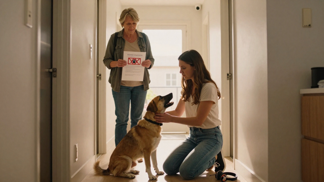 Woman holding eviction notice standing while another woman kneels petting a dog in a hallway.