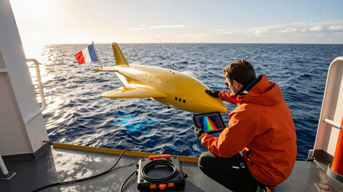 Person in an orange jacket launching a yellow underwater drone with a French flag from a boat into the sea.