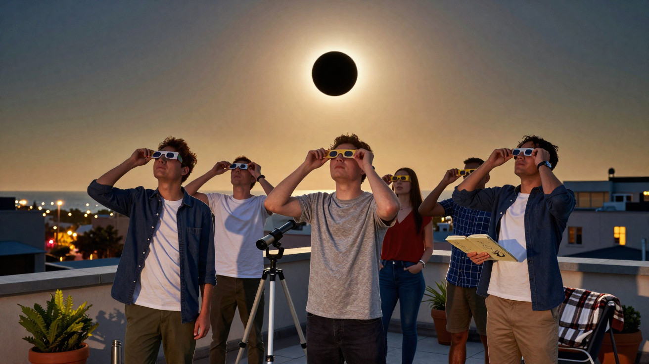 Group of people on a rooftop watching a solar eclipse with protective glasses near a telescope at dusk.