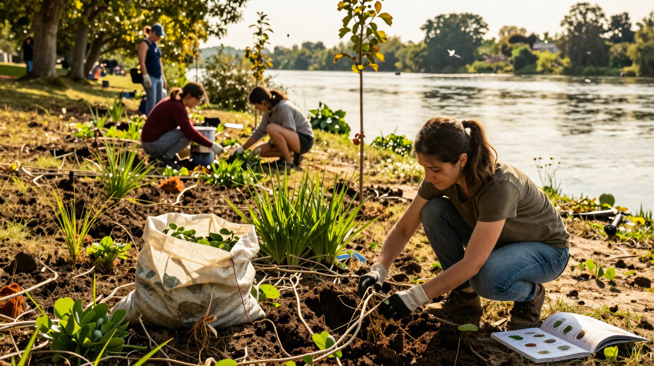 Volunteers planting new vegetation along a riverbank in a community environmental restoration project.