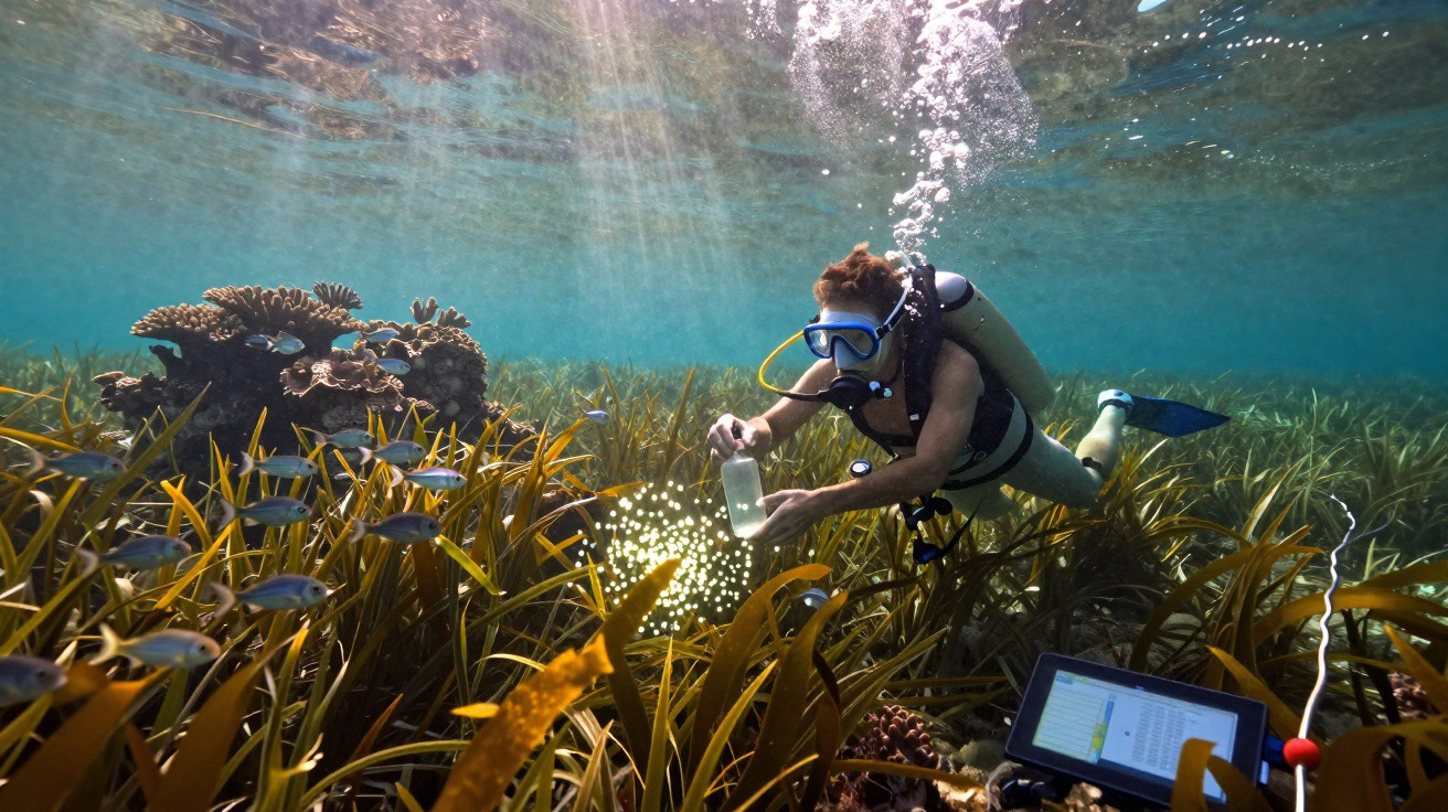 Diver collecting water samples underwater among seagrass, surrounded by small fish and scientific equipment.