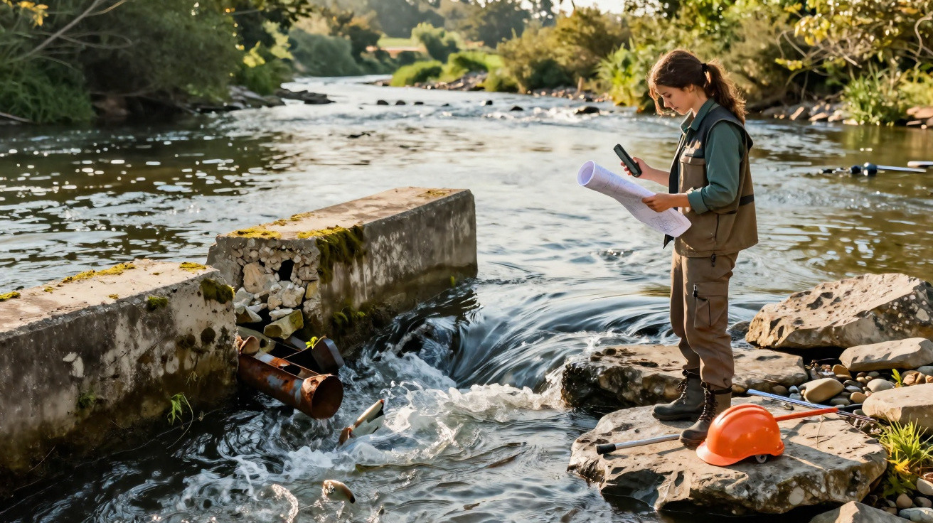 Woman with plans and phone standing on rocks by a river inspecting water flow near a broken concrete structure.