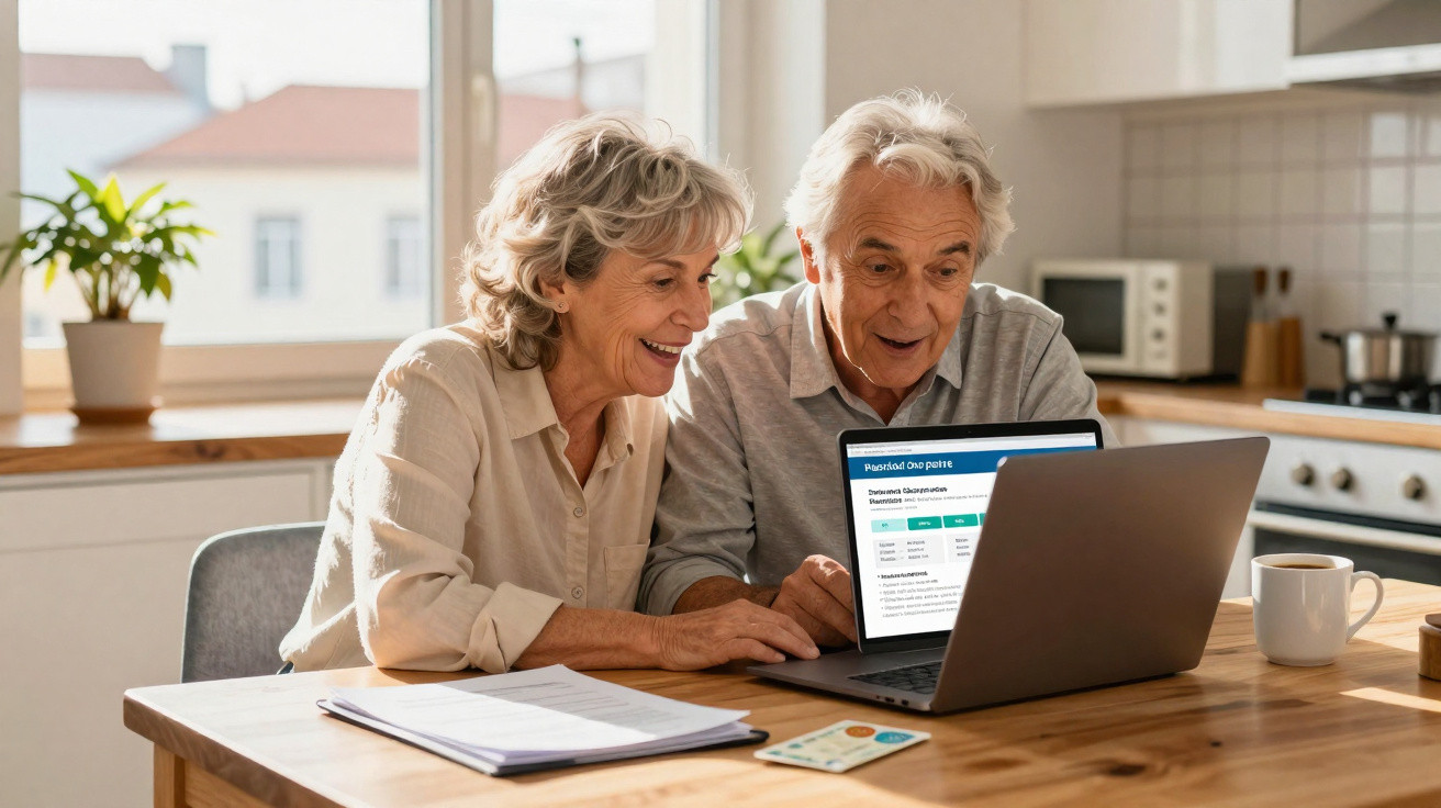 Elderly couple smiling and looking at a laptop screen in a bright kitchen with paperwork on the table.