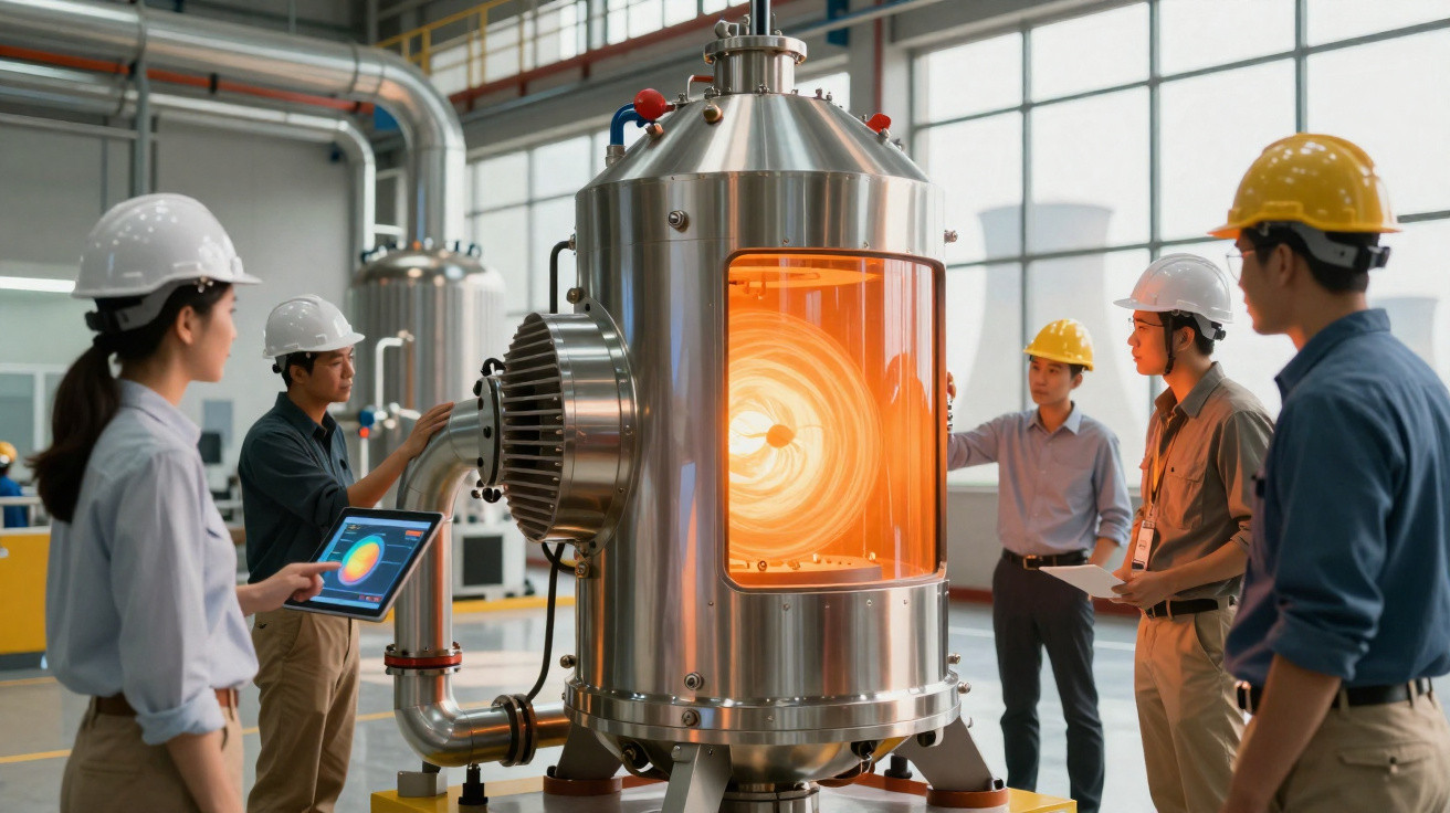 Engineers in hard hats inspecting a glowing industrial machine inside a modern factory facility.