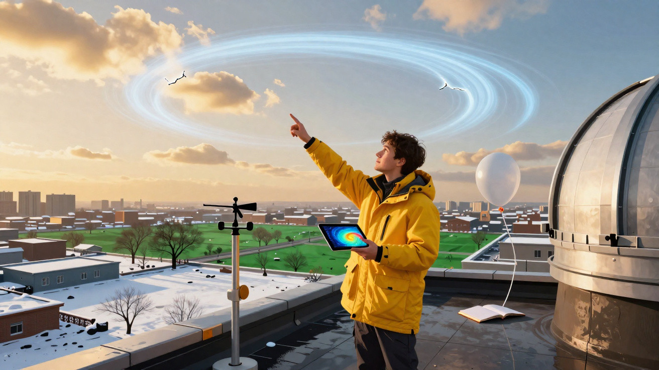 Person in yellow jacket on rooftop pointing at digital galaxy ring projected in sky, holding tablet under cloudy sunset.