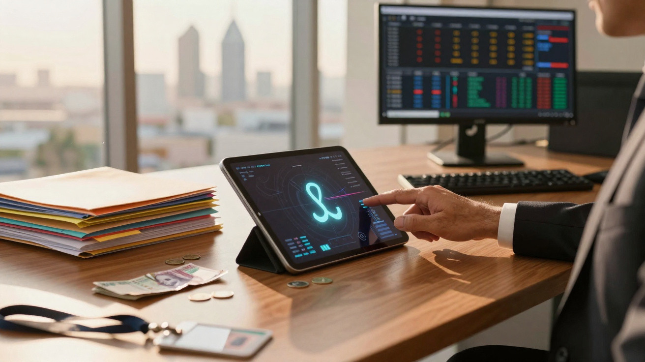 Person in suit interacting with tablet displaying analytics on office desk with files, money, and computer monitor.