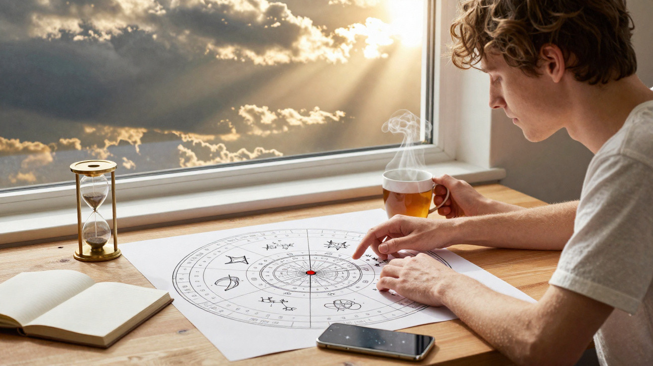 Young man studying an astrological chart by a window with a steaming cup of tea and an hourglass on the table.