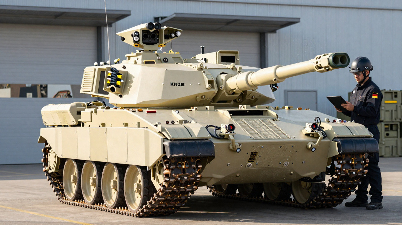 Beige military tank with long barrel parked outside next to a soldier in black uniform and helmet holding a tablet.