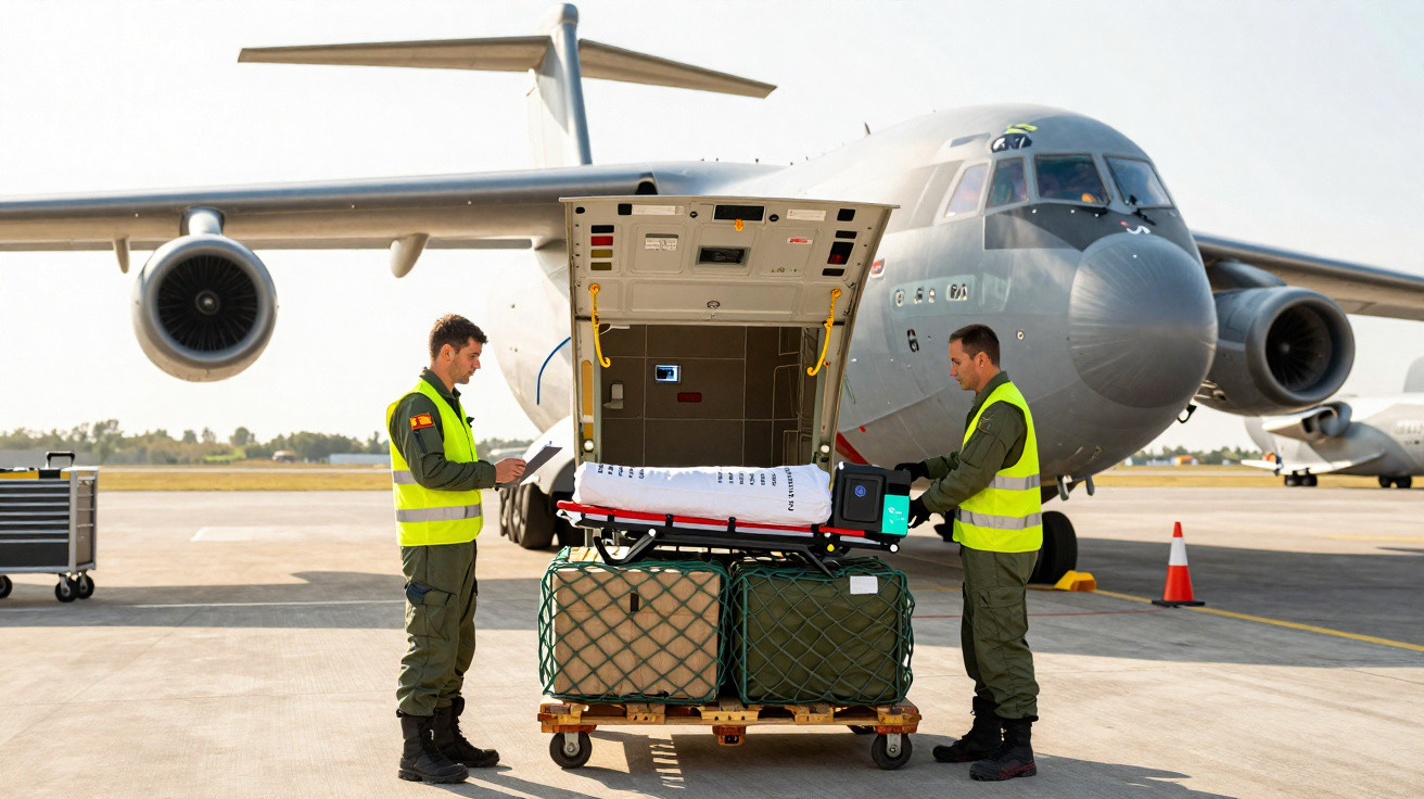 Two workers in high-visibility vests unloading medical supplies from a military transport aircraft on a runway.