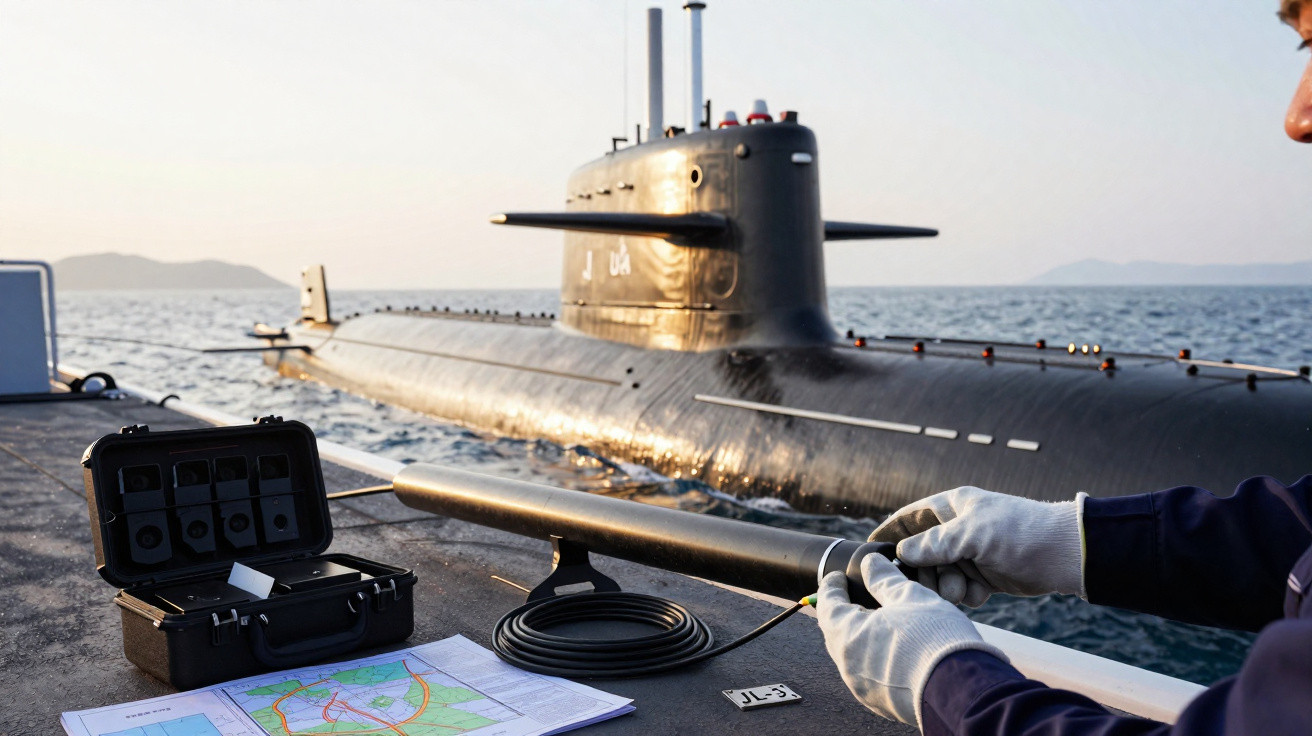 Person wearing gloves handling equipment on dock next to a submarine at sea during daylight.