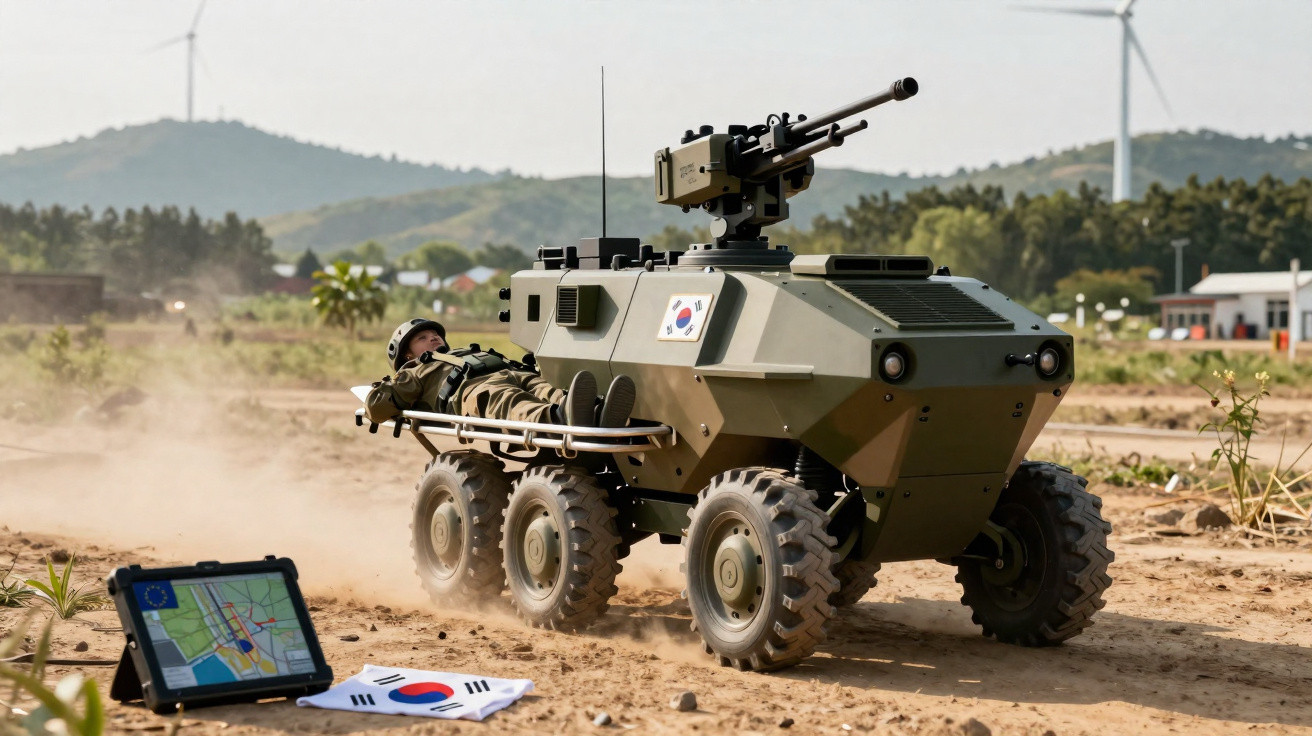 Unmanned South Korean military vehicle with mounted gun carrying a soldier on a stretcher in dusty field.