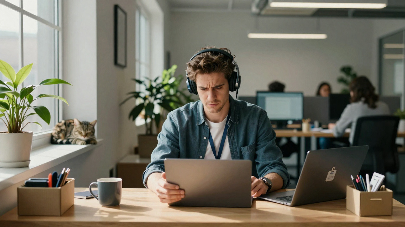 Man wearing headphones using a tablet at a desk in an office with a cat on the windowsill.