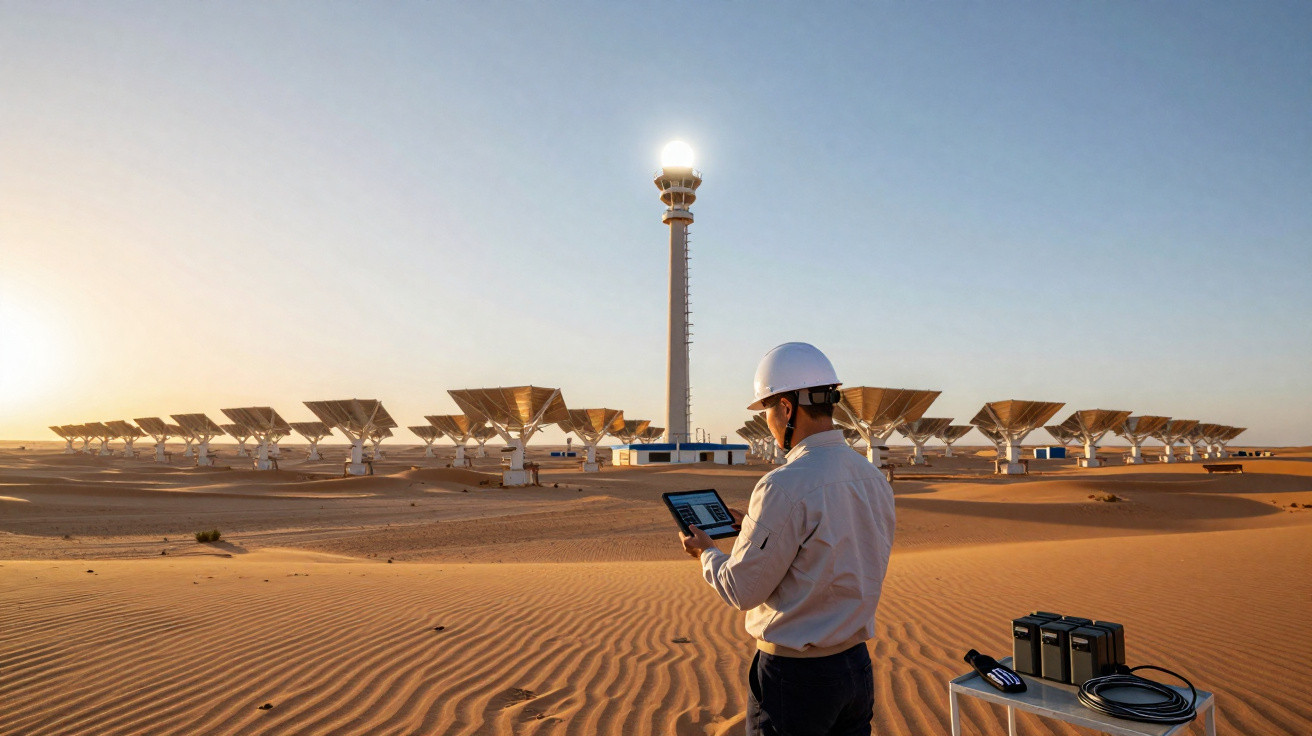 Engineer in helmet using tablet in desert solar power plant with large satellite dishes at sunset