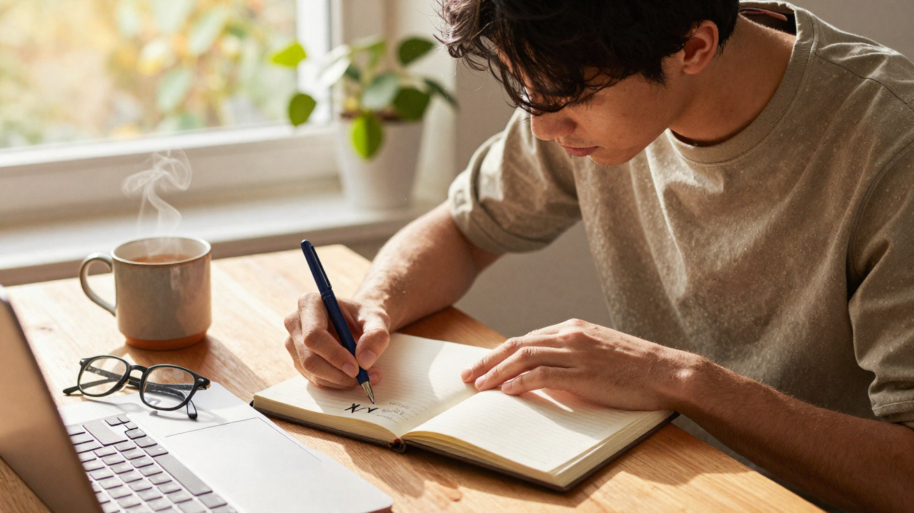 Young man writing in a notebook at a wooden desk with a steaming mug, glasses, and an open laptop nearby.