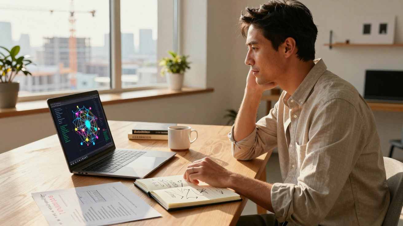 Man analysing data visualisation on laptop screen at wooden desk with notebook in bright office space