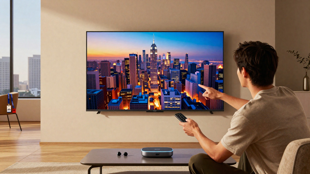 Man sitting on sofa pointing at wall-mounted TV showing city skyline at dusk in modern living room