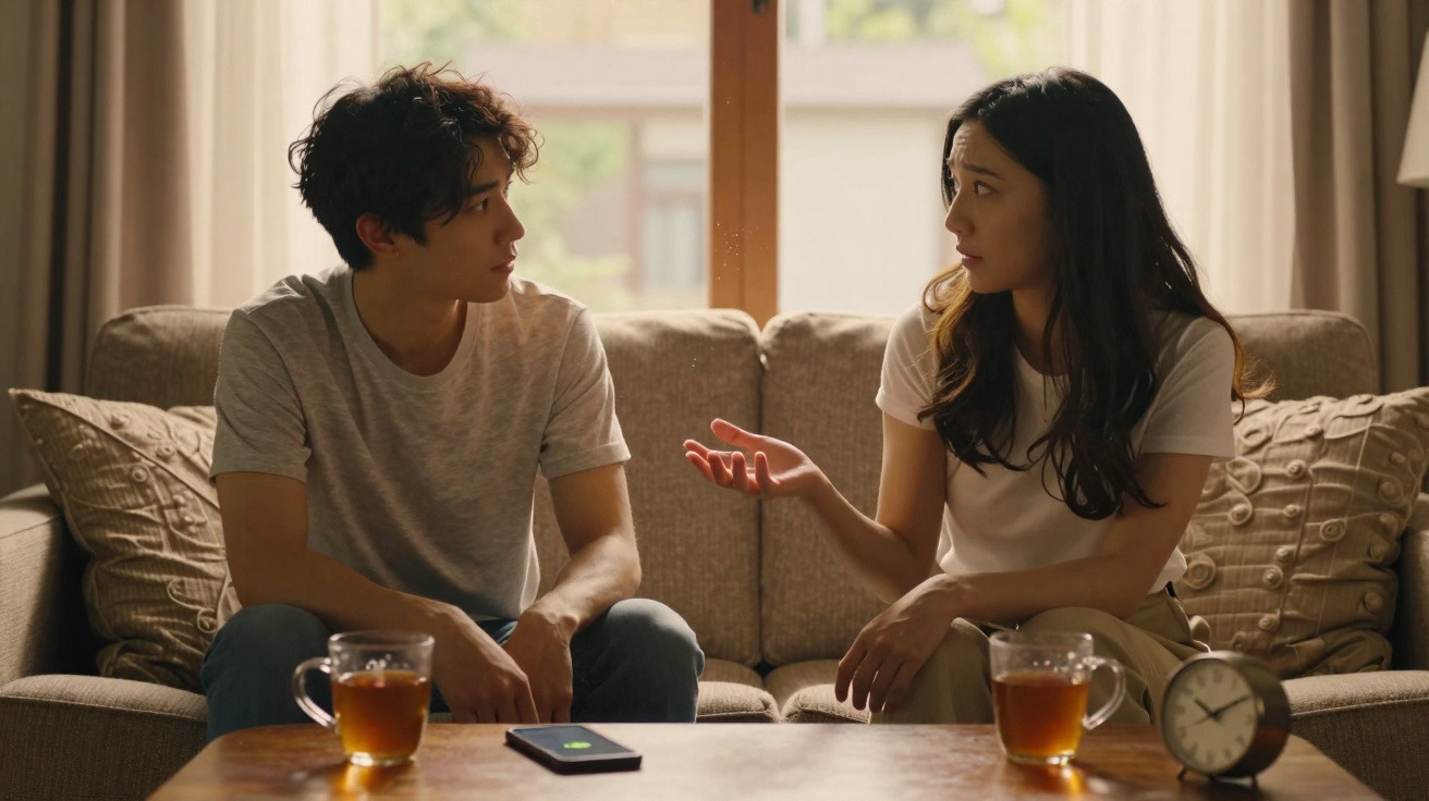 Two people sitting on a sofa having a serious conversation with tea and a clock on the table.