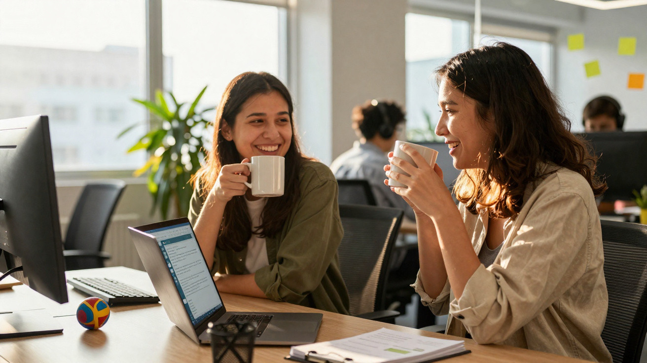 Two women enjoying coffee and chatting at a bright office desk with laptops and documents.