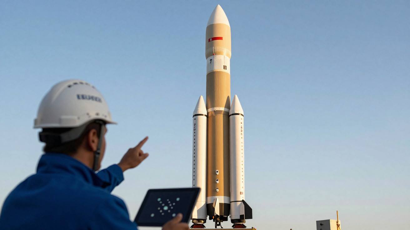Engineer in helmet pointing at a large rocket model outdoors with a clear blue sky background