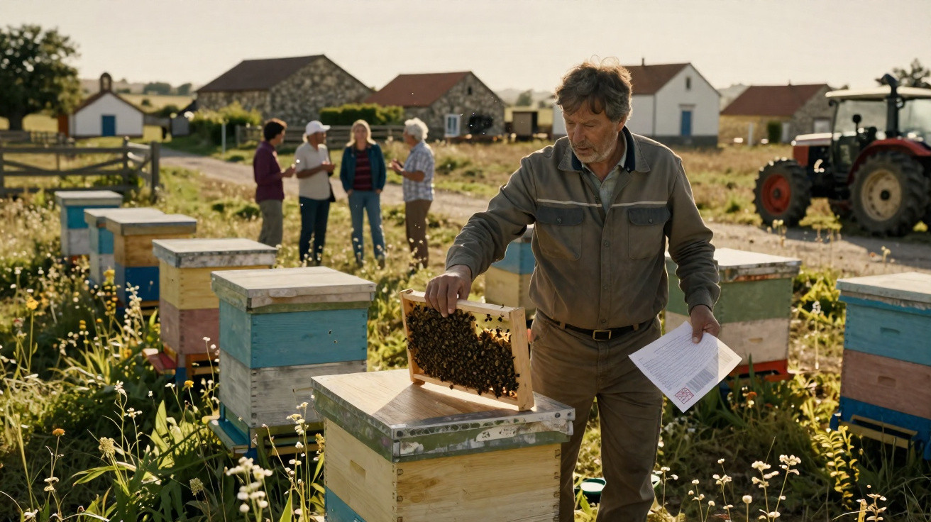 Beekeeper inspecting a honeycomb frame in a field with beehives and people discussing in the background.