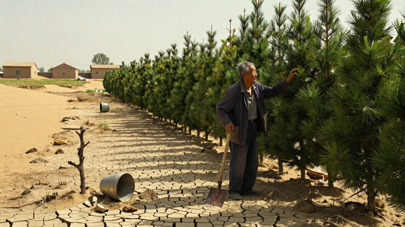 Elderly man tending a row of healthy pine trees on cracked dry soil in a desert landscape.