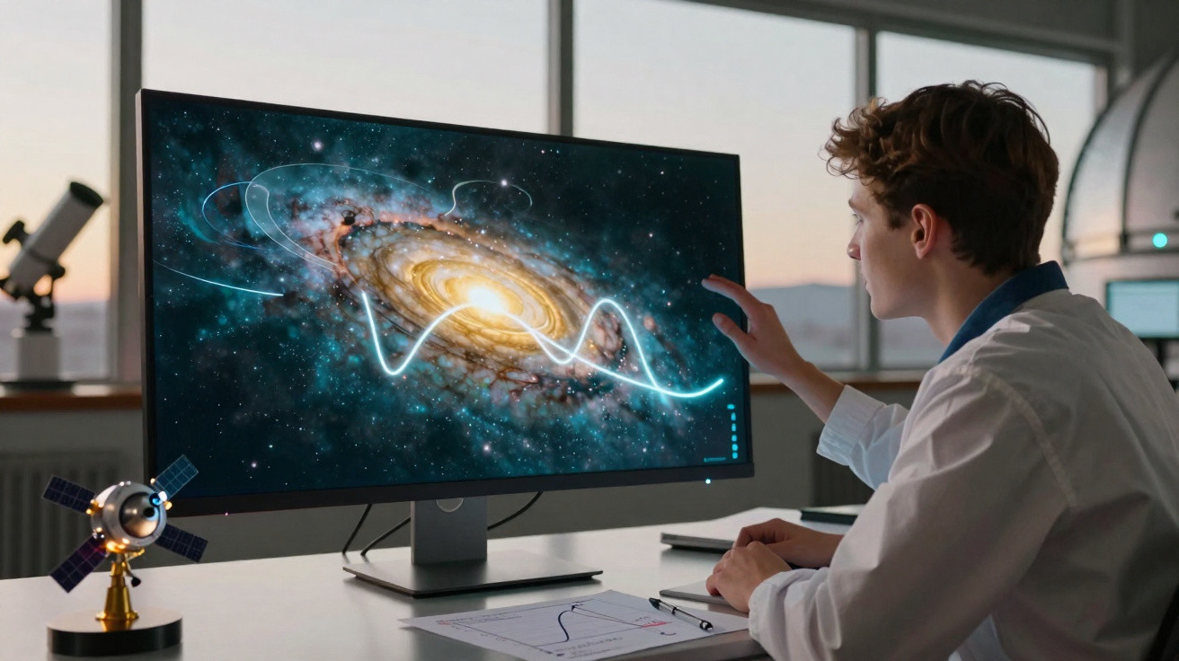 Scientist in white coat analysing a digital galaxy image with glowing data wave on a computer screen in a lab.
