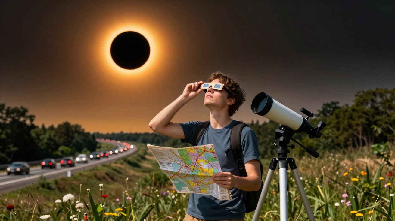 Person wearing eclipse glasses holding a map near a telescope in a field during a solar eclipse.