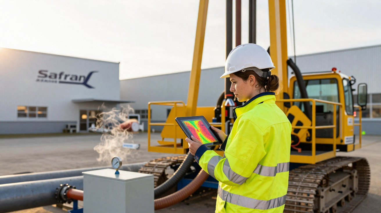 Engineer in yellow safety jacket and helmet using tablet to monitor steam release at industrial site with heavy machinery.