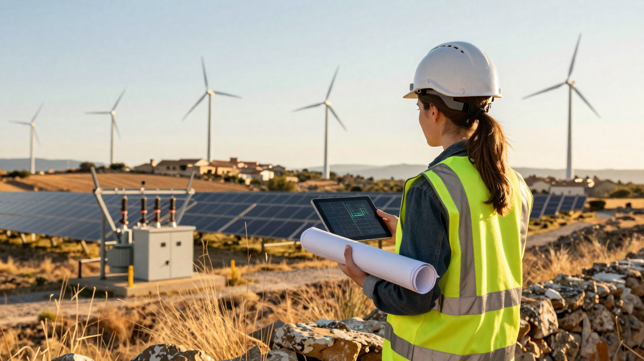 Engineer in hard hat and hi-vis vest checks tablet at solar and wind farm during sunset.