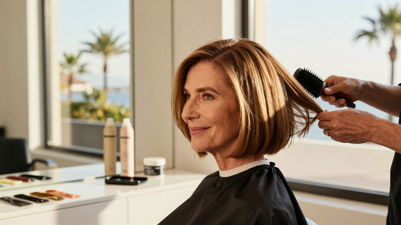 Middle-aged woman with short blonde hair having her hair brushed in a salon with a window view.