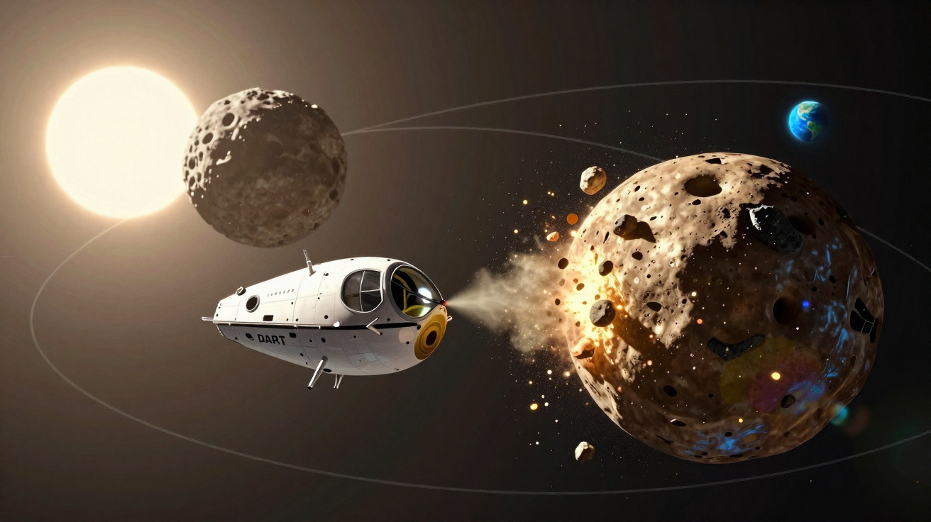 Spacecraft DART impacting an asteroid near the Earth and Sun in outer space.