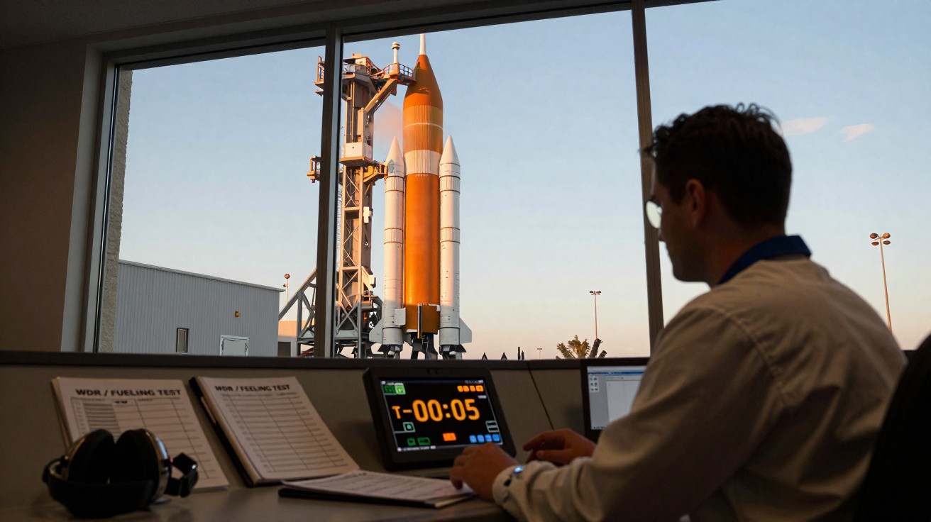 Technician monitoring countdown inside control room as rocket stands ready for launch outside window.