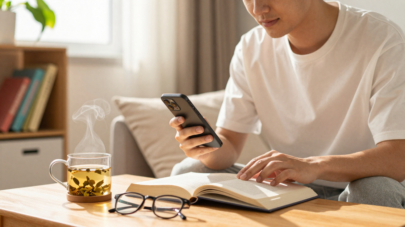 Person sitting at a table reading a book, holding a smartphone, with steaming tea and glasses nearby.
