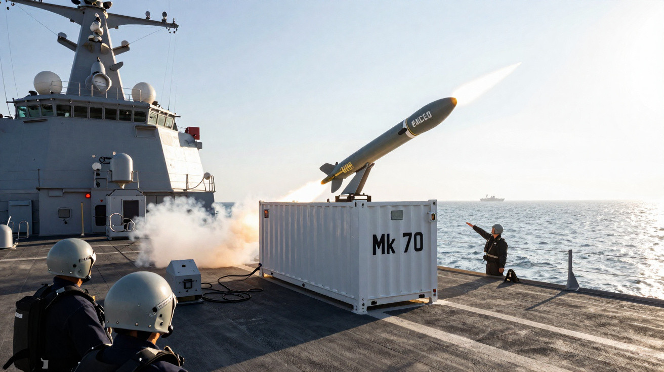A missile launching from a naval ship's deck with crew members observing the test at sea.