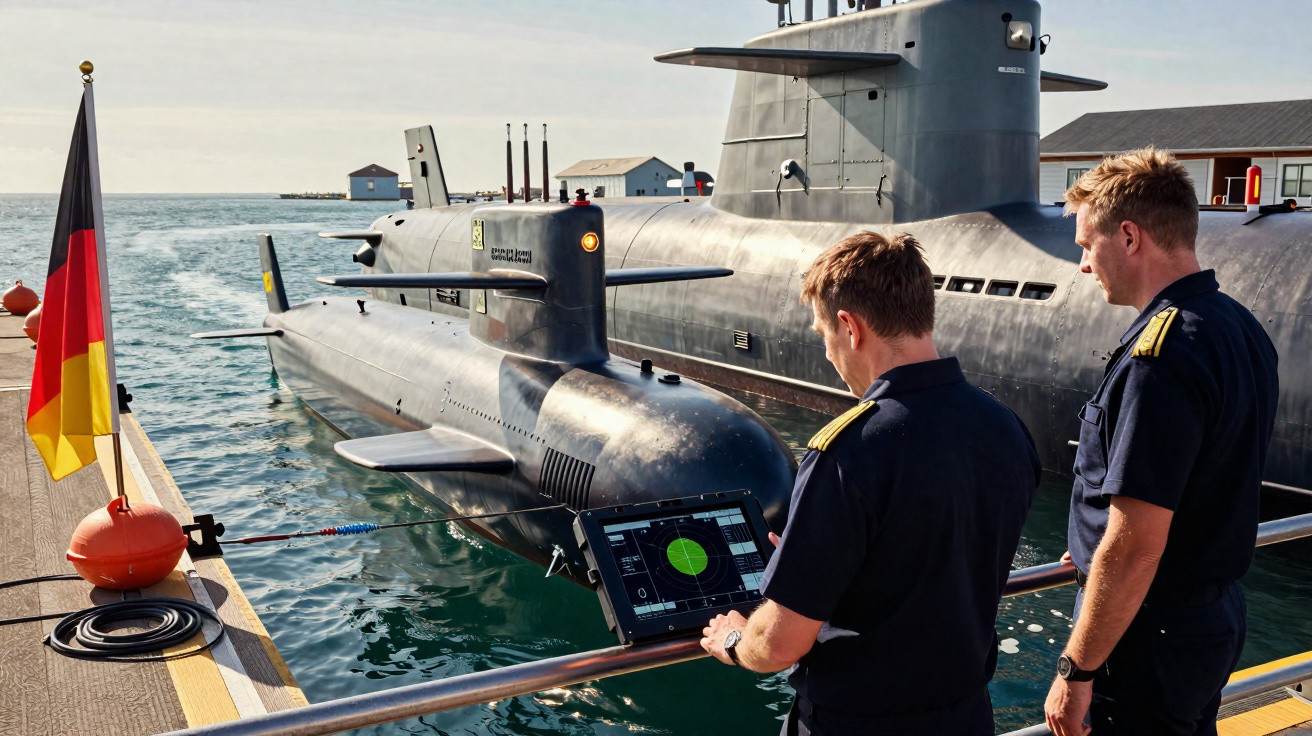 Two naval officers monitor a screen on a dock near two submarines, one flying a German flag.