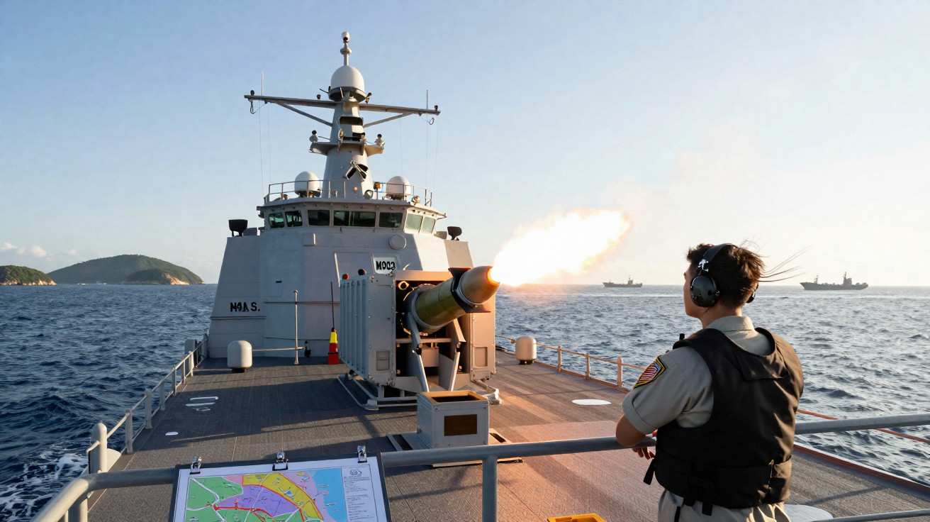 Military personnel firing a missile from a naval ship with ocean and distant islands in the background.