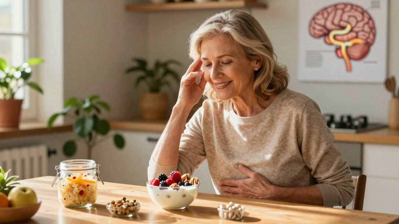 Elderly woman sitting at a wooden table with healthy snacks, smiling and holding her chest in a kitchen.