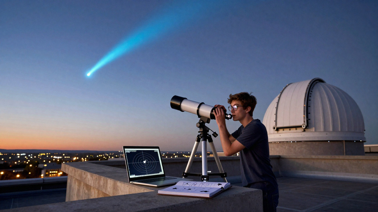 Young man observing the night sky through a telescope on a rooftop near an observatory dome with comet visible