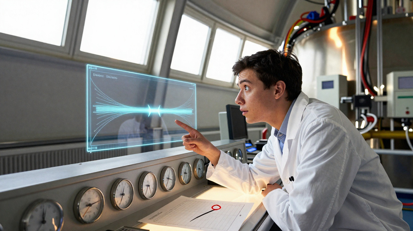 Scientist in lab coat pointing at a futuristic digital screen displaying scientific data in a laboratory.